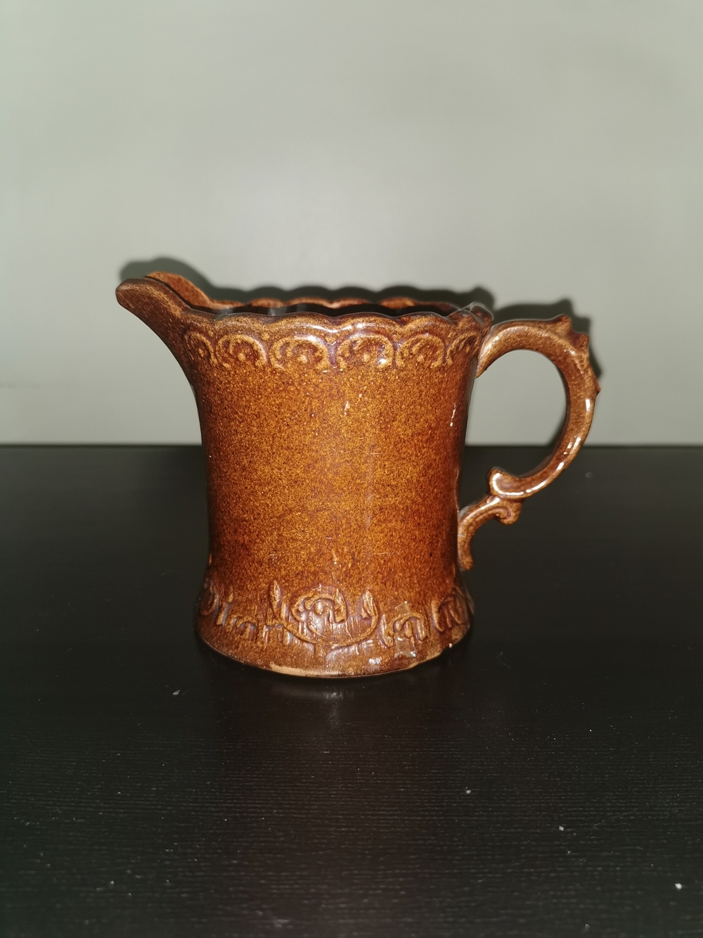Antique Bennington Rockingham Brown Glazed Stoneware Pottery Pitcher 4.75"